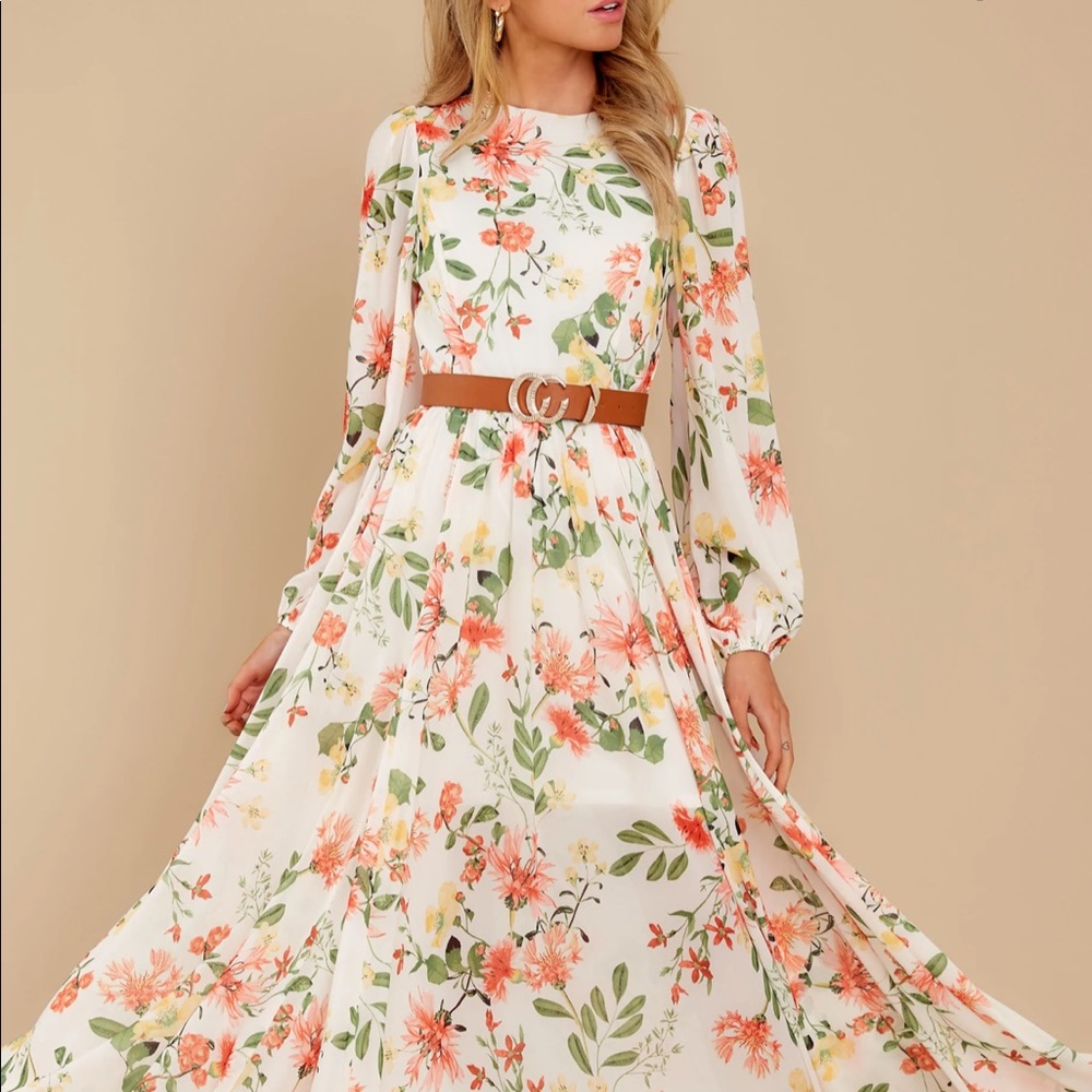 Shop Red dress champagne and strawberries floral maxi dress Size Large